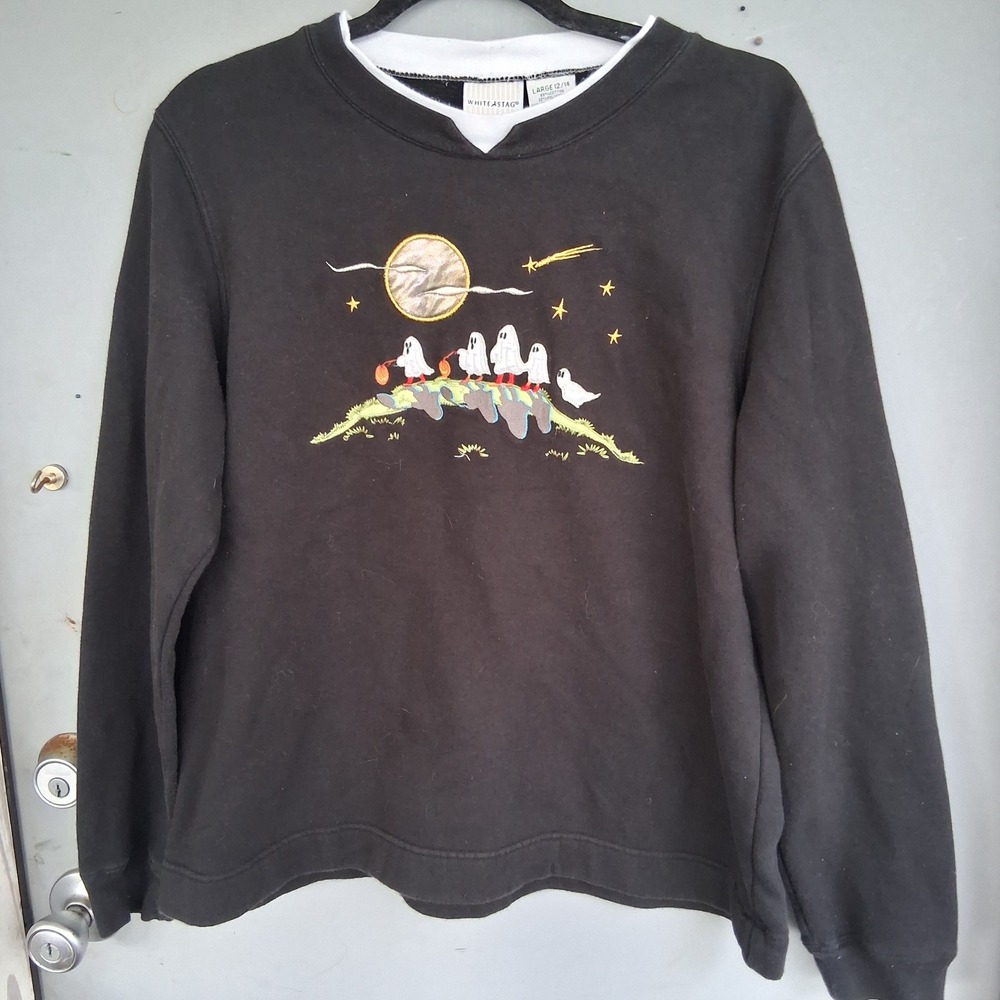 VIntage Grandma Grannycore Halloween Ghost Embroidered Sweatshirt L 12/14 VGVC